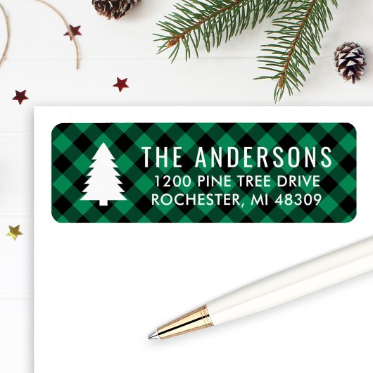 Étiquette Arbre de Noël Moderne Vert Plaid de Buffalo Fêtes