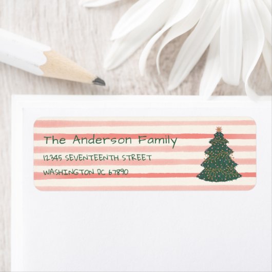 Étiquette Arbre de Noël vintage vert rose (En situation)