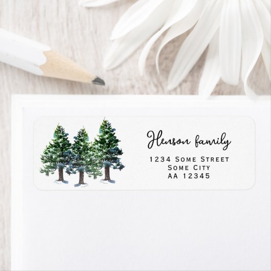 Étiquette Arbre de pin avec Aquarelle de neige Adresse de re (En situation)