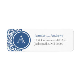 Étiquette Ardoise Bleu Damas Monogramme Adresse Retour Étiqu