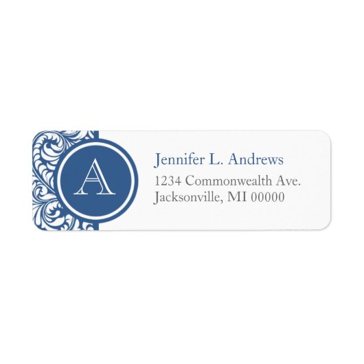Étiquette Ardoise Bleu Damas Monogramme Adresse Retour Étiqu (Devant)