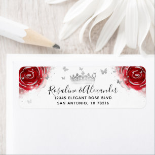 Étiquette Argent et Rose rouge Élégante Couronne Adresse de
