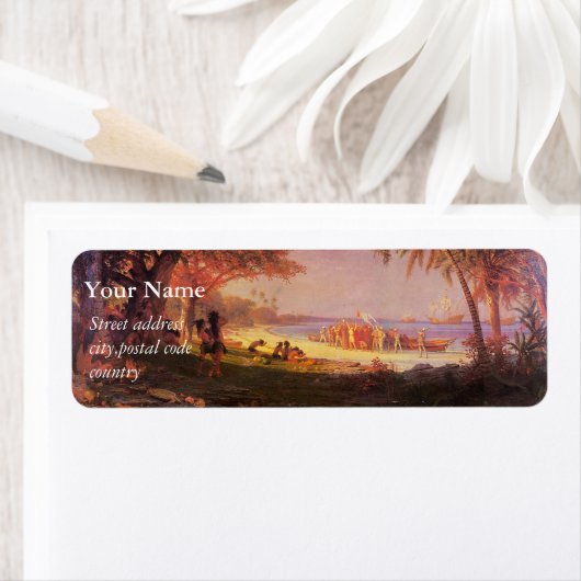 Étiquette Art, Biestadt Albert, L'Atterrissage de Columbus (En situation)