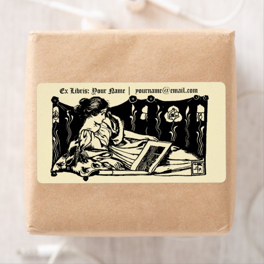 Étiquette Art Nouveau Ex Libris Recen Girl & Book (En situation)