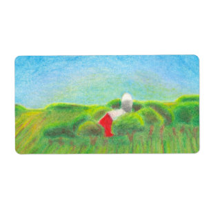 Étiquette Art rural de crayon de paysage de grange rouge de