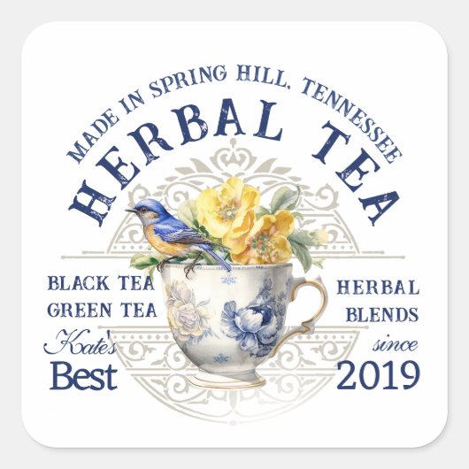 Étiquette artisanal à thé avec teacup roses bluebi (Devant)