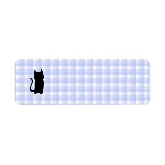 Étiquette Assis Noir Chat Silhouette. Sur chèque bleu pâle. (Devant)