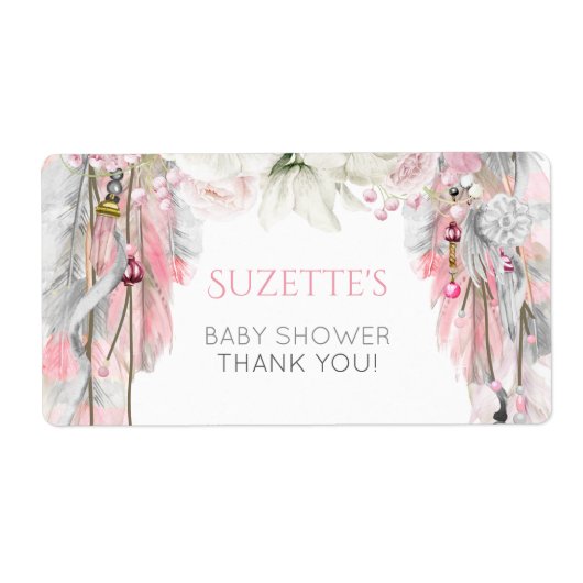 Étiquette Attrape-Rêves Boho Rose Gris Ivoire Plumes Florale (Devant)