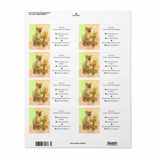 Étiquette Automne Chat fleuriste arranger des fleurs (Feuille entière)