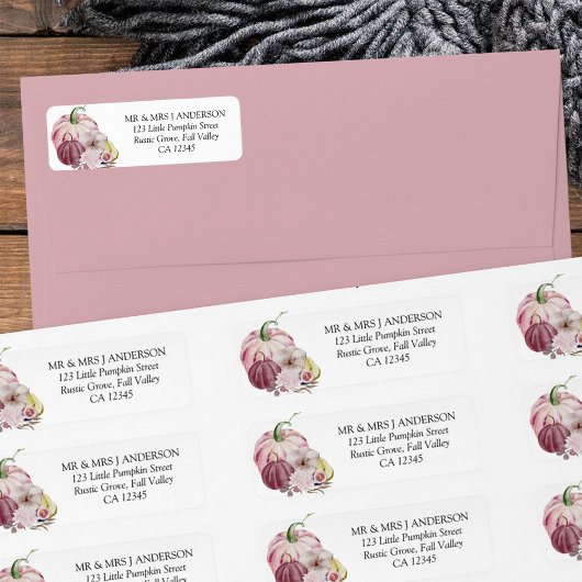 Étiquette Automne Citrouille Rustique Rose Aquarelle Adresse