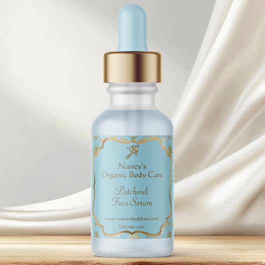 Étiquette Baby Blue gold foil damask dropper bottle label