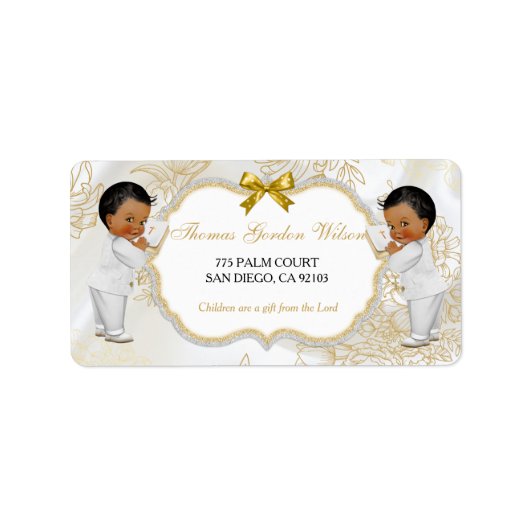 Étiquette Baby Boys Twins Baptism Christening Gold White (Devant)