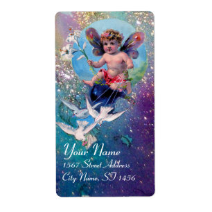 Étiquette BABY FAIRY WITH DOVES IN SPARKLES blue green gold
