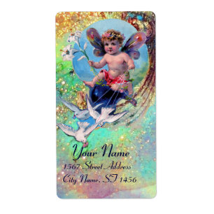Étiquette BABY FAIRY WITH DOVES IN SPARKLES blue green gold