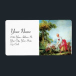 ÉTIQUETTE BABY SHOWER COLORÉ<br><div class="desc">Peinture romantique et joyeuse, mère et enfant en brouette avec fleurs marche dans le jardin verdoyant sous le ciel bleu, redessiné à partir du chef-d'oeuvre de Jean - Honoré Fragonard.</div>