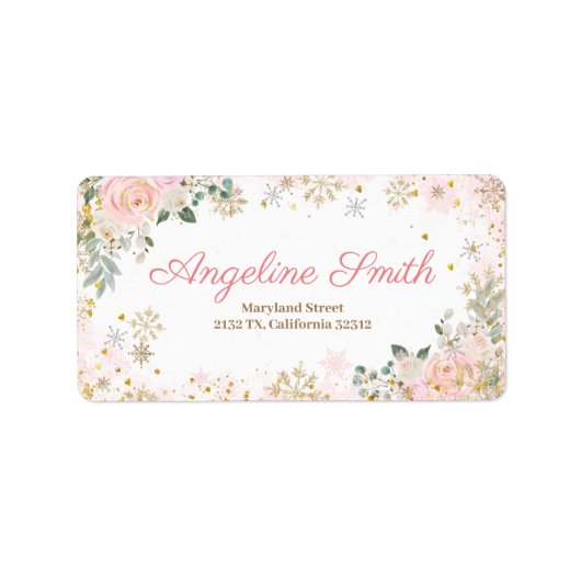 Étiquette Baby shower de flocon de neige rose hiver (Devant)