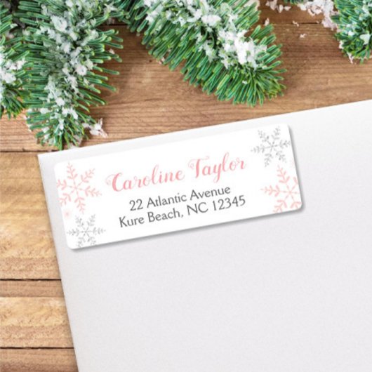 Étiquette Baby shower des flocons de neige roses hiver