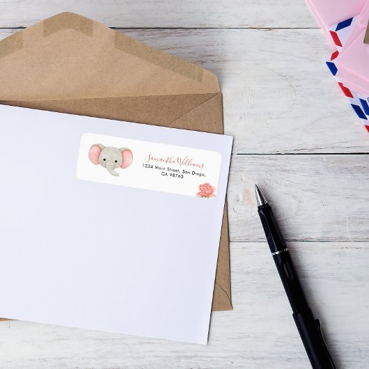 Étiquette Baby shower floral rose Elephant Adresse de retour