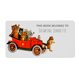 Étiquette Baby Shower Funny Cartoon Cats Retro Car Purple