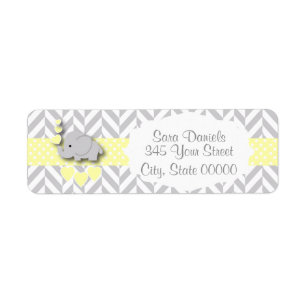 Étiquette Baby shower jaune, blanc et gris d'éléphant
