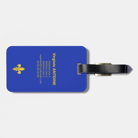 Étiquette bagage bleu roi avec Fleur de Lys Or (Dos horizontal)