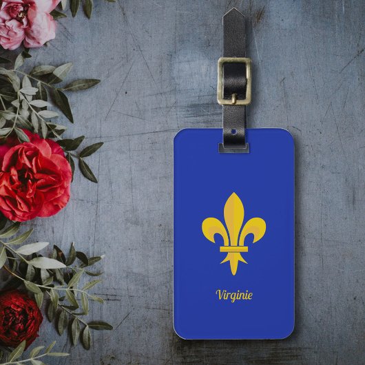 Étiquette bagage bleu roi avec Fleur de Lys Or