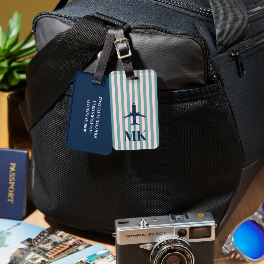 Étiquette bagage Monogramme Rayée Avion Bleu Marin (Recto & Verso)