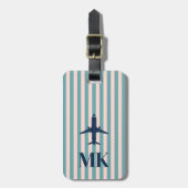 Étiquette bagage Monogramme Rayée Avion Bleu Marin (Devant Vertical)
