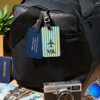 Étiquette bagage monogrammée rayée avion bleu mari