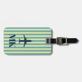 Étiquette bagage monogrammée rayée avion bleu mari (Devant horizontal)