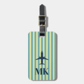 Étiquette bagage monogrammée rayée avion bleu mari (Devant Vertical)