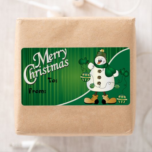 Étiquette Balise cadeau Joyeux Noël Green Snowman (En situation)
