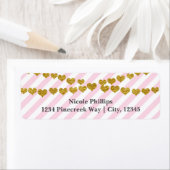 Étiquette Bandes roses et blanches avec Coeurs d'or Étiquett (En situation)