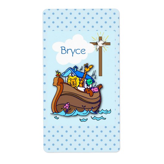 Étiquette Baptême de l'Arche de Noé, Garçon Bleu (Devant)