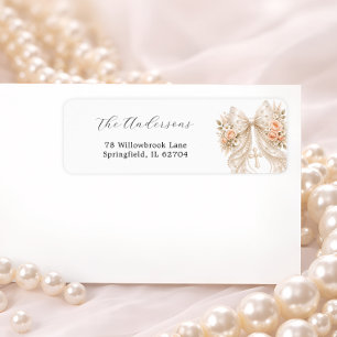 Étiquette Baptême Élégant Ruban Floral et Perle