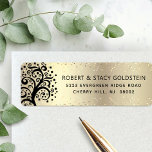 Étiquette Bat mitzvah Gold Black Tree of Life Adresse de ret<br><div class="desc">Soyez fier, réjouissez-vous et présentez ce jalon de votre Bat mitzvah préféré avec cette étiquette d'adresse de retour amusante, sophistiquée et personnalisée ! Un arbre noir graphique avec Star of David et point "feuilles" et noir sans serif typographie, superpose un pointillé sophistiqué, faux parties scintillant or et feuille d'or ombre...</div>
