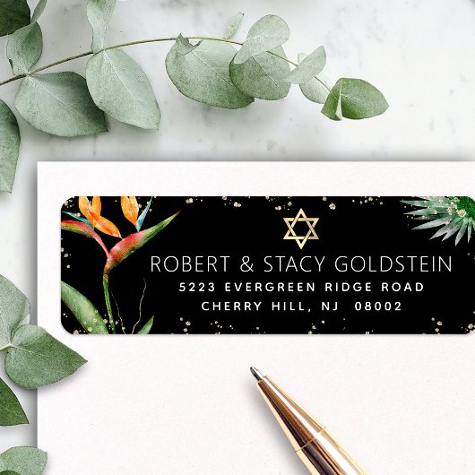 Étiquette Bat mitzvah Tropical Black Gold Aquarelle Adresse