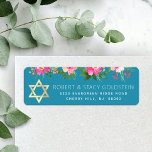 Étiquette Bat mitzvah Turquoise Blue Gold Floral Adresse de<br><div class="desc">Soyez fier, réjouissez-vous et célébrez cette étape importante de votre Bat mitzvah préféré chaque fois que vous utilisez cette étiquette d'adresse de retour sophistiquée et personnalisée ! Une aquarelle florale rose pêche chic, étonnante, fausse feuille d'or Star of David et moderne blanc sans serif type superposent un arrière - plan...</div>