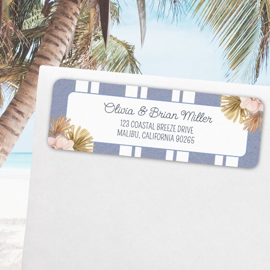 Étiquette Beach House Blue Strip Coastal Boho Adresse de ret