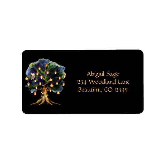 Étiquette Beau arbre avec lanternes Chouette des bois, Renar (Devant)