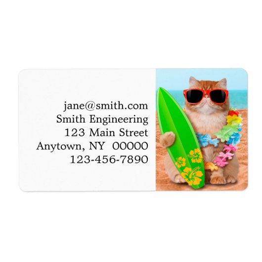 Étiquette Beau chat surfeur sur la plage (Devant)