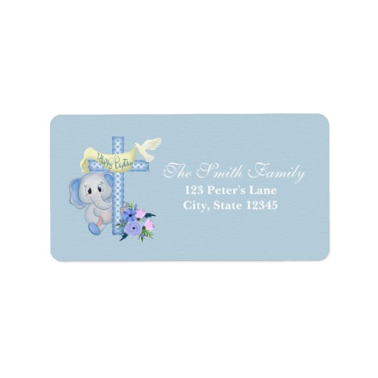Étiquette Bébé Elephant Cross et Dove Baptism (Devant)
