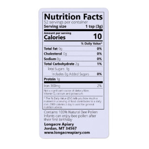 Étiquette Bee Pollen Nutrition Facts Lavender Product