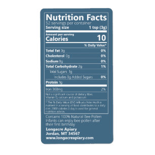 Étiquette Bee Pollen Nutrition Facts Teal Product