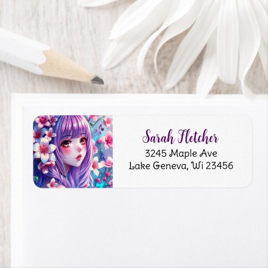 Étiquette Belle Anime Girl avec cheveux pourpres (En situation)