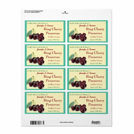 Étiquette Bing Cherry Jam ou Preserve II Canning Jar (Feuille entière)