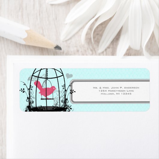 Étiquette Bird Cage Rose Bird Notes musicales et Coeur (En situation)