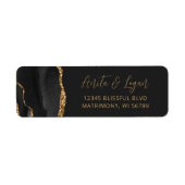 Étiquette Black Agate Gold Script Mariage Adresse de retour (Devant)