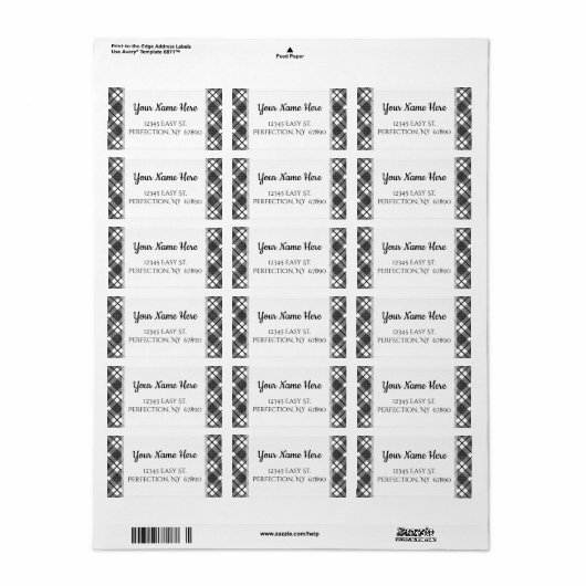 Étiquette Black and White Plaid Pattern Editable Address (Feuille entière)