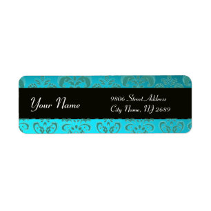 ÉTIQUETTE BLACK AQUA BLEU TURQUOISE DAMASK